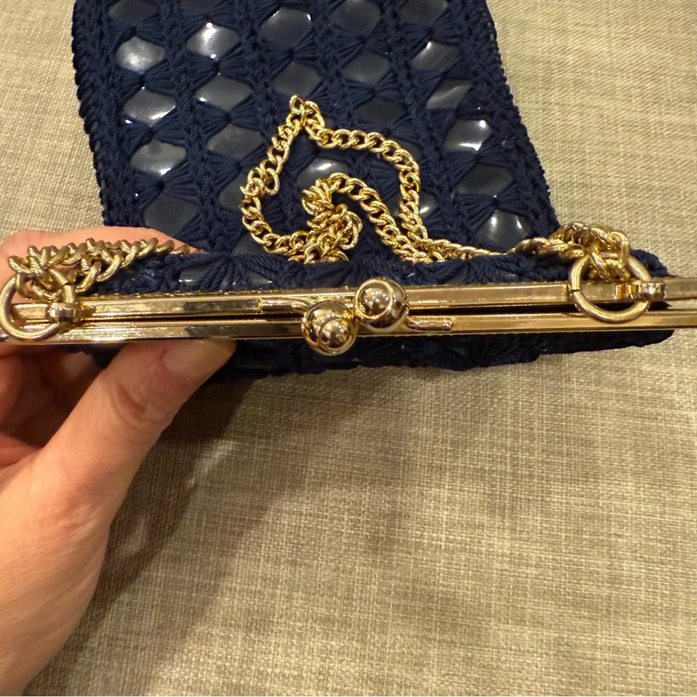 Vintage Crochet Navy Blue Gold Chain Kiss Lock Bag by Solar LTD Italy